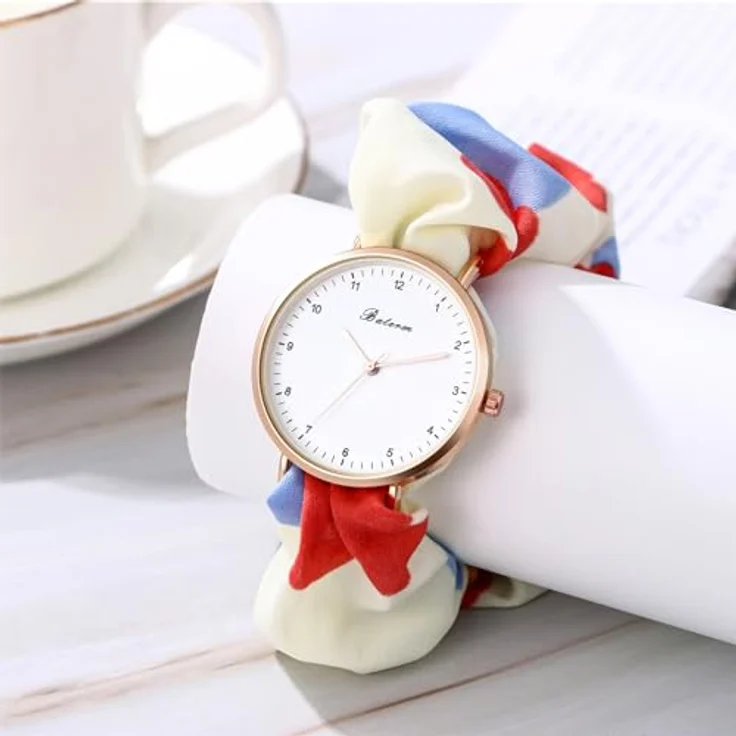 JewelryWe Damenuhr Elastisches Haarband Uhr Rot Blumen Floral Analog Quarz Armbanduhr mit Haargummi Stretch Armband, Multifunktionale Lässige Uhr für Frauen und Mädchen – Bild 2