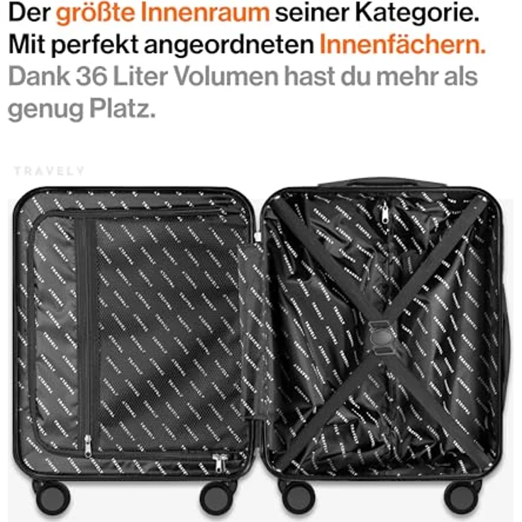 Travely Premium Handgepäck Koffer 55x40x20cm - 36L Trolley mit sanften Rollen und TSA Schloss, schwarz – Bild 4