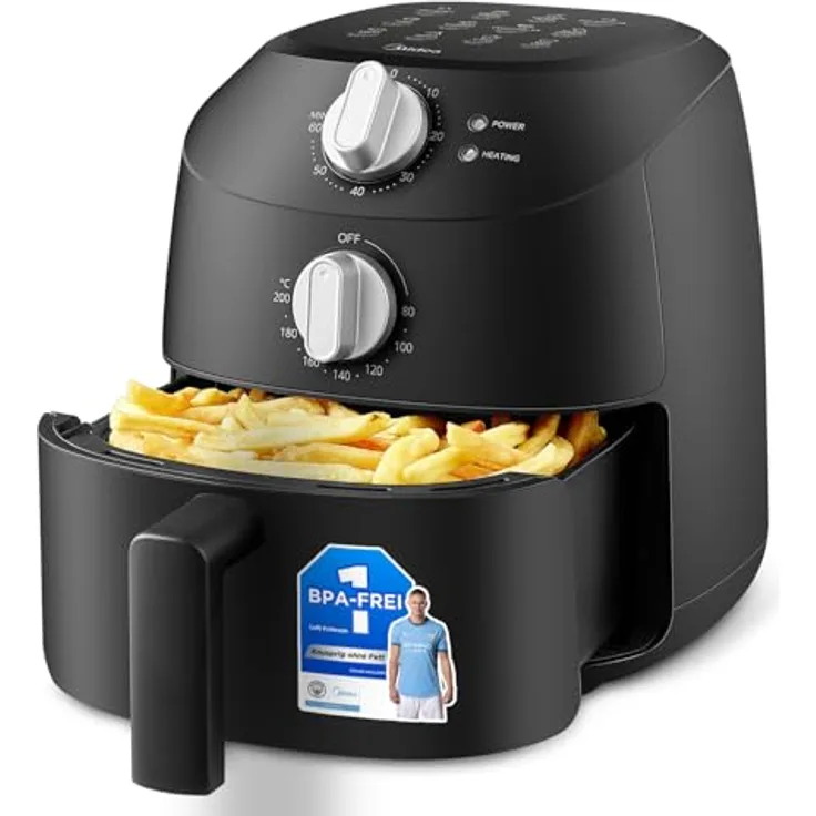 Midea Heißluftfritteuse 2L, 1150W, ölfrei mit automatischer Abschaltfunktion, kompakt, leicht zu reinigen, BPA-frei, Schwarz