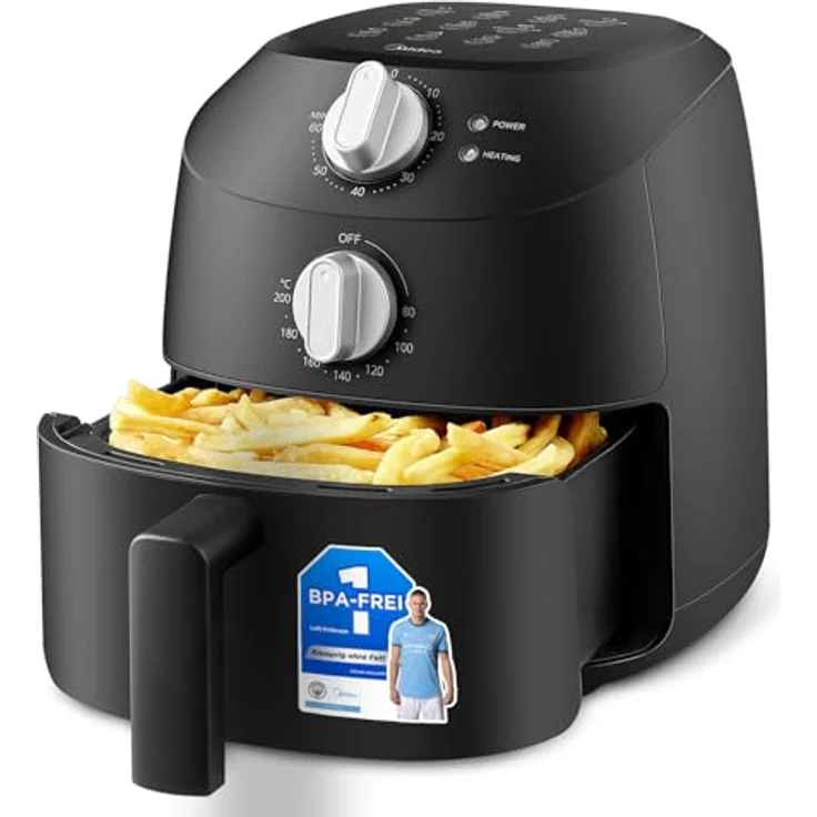 Midea Heißluftfritteuse 2L, 1150W, ölfrei mit automatischer Abschaltfunktion, kompakt, leicht zu reinigen, BPA-frei, Schwarz – Bild 1
