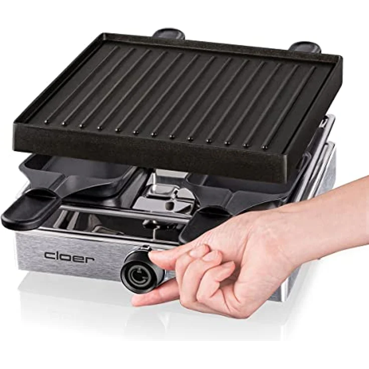 Cloer 6454 Raclettegrill mit Aluminium-Druckguss Platte, 750 W, 4 antihaftbeschichtete Raclettepfännchen, Kunststoffspachtel, unbeheizter Parkplatz, Aluminium – Bild 4