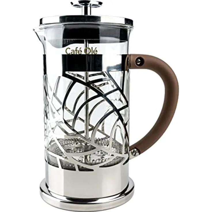 Café Olé Floral Durchsichtiger Kaffeebereiter Kaffeepresse aus Edelstahl 18/10 und Glas 1000 ml 8 Mokkatassen, Silber, 1L