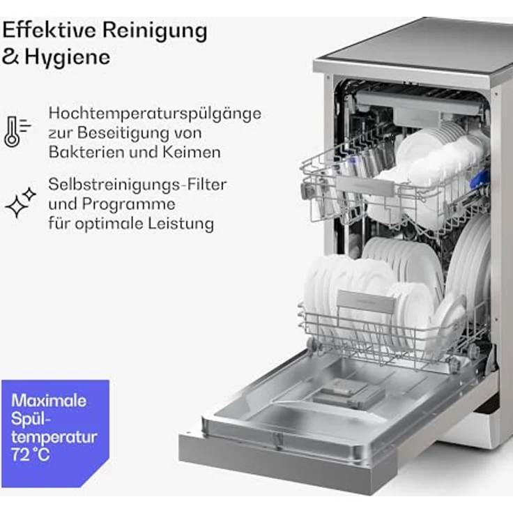 Klarstein Verosteel Geschirrspüler 45cm, freistehend, 10 Plätze, 9 Programme, 42 dB, Energieklasse B, AquaStop, Kindersicherung, Silber – Bild 6
