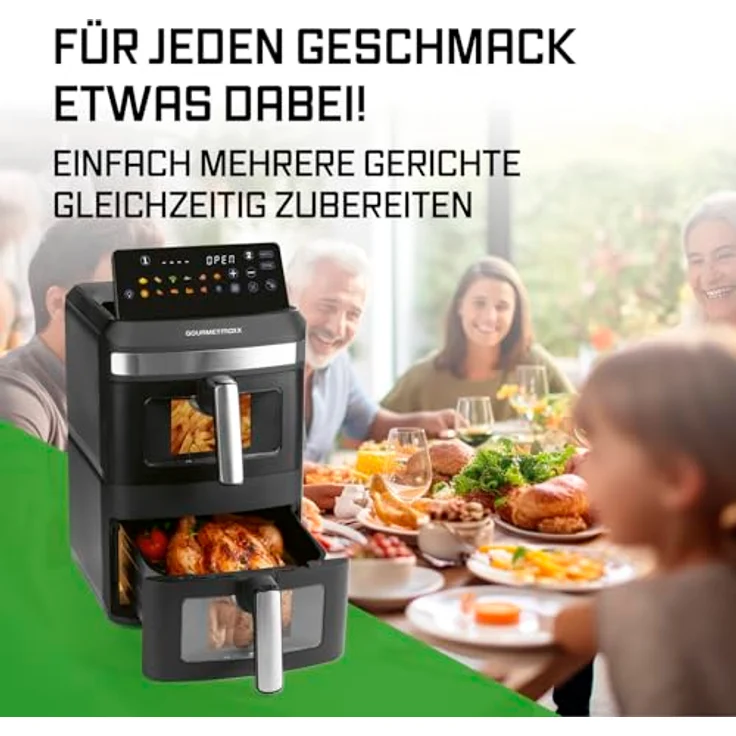 GOURMETmaxx FryUp XL, vertikale Doppelkammer Heißluftfritteuse mit 12 L und Sichtfenster, 2800 W, schwarz, mit 9,6 Zoll Multi-Colour LED-Touchdisplay & 12 Programmen – Bild 9