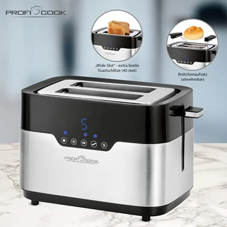 ProfiCook Toaster PC-TA 1170 - ''Wide Slot'' - Sensor Touch - Brötchenaufsatz - Krümelschublade - Zentrierfunktion - 7 Bräunungsstufen - Edelstahlgehäuse – Bild 6
