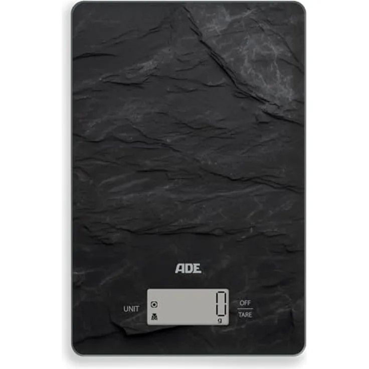 ADE Digitale Küchenwaage | präzise Grammwaage bis 5 kg | großes Display | inkl. AAA Batterien | sehr flach | mit Aufhängeöse | gut lesbare große Ziffern | schiefer