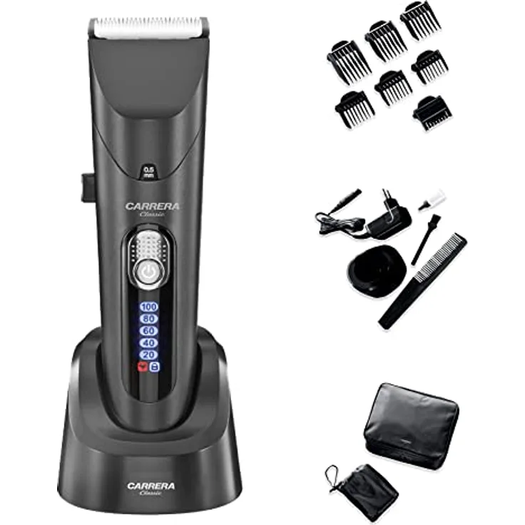 CARRERA Haarschneidemaschine Profi [2H AKKU LAUFZEIT] - Haarschneider mit Kermikklinge & umfangreichem Zubehör - Haartrimmer und Langhaarschneider Herren - Spritzwassergeschütztes Gehäuse
