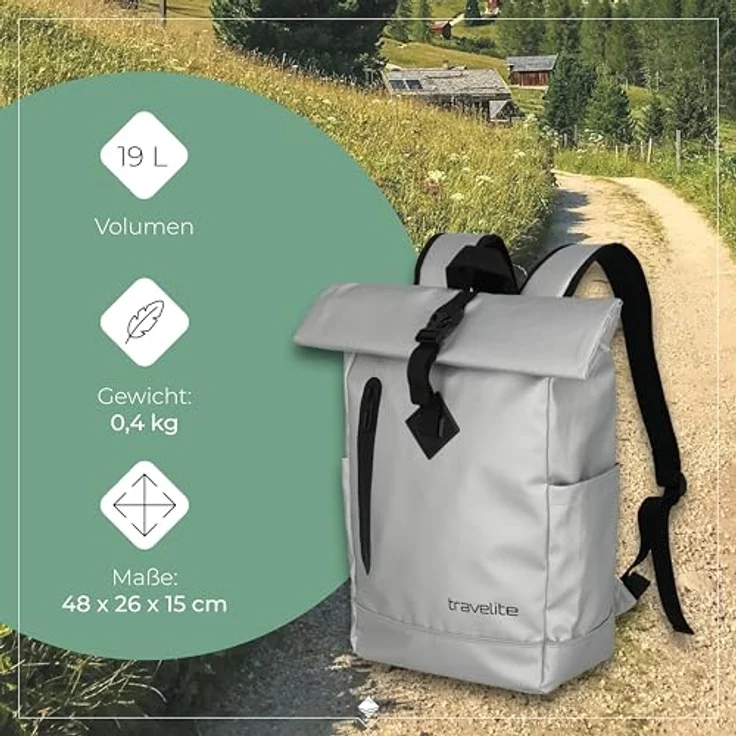travelite BASICS Roll-Up Rucksack, Freizeitrucksack für Wandern und Reisen, wasserfestes Plane-Material, atmungsaktive Rückwand, in Trendfarben erhältlich – Bild 3
