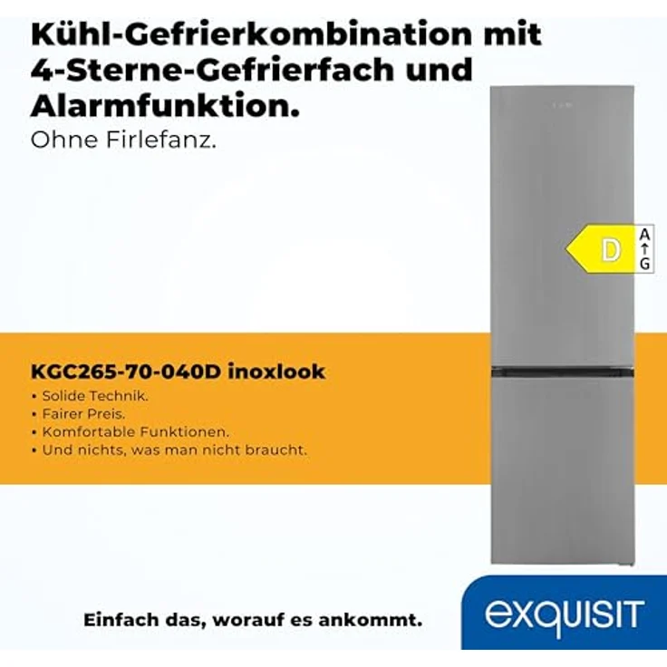 Exquisit Kühl-Gefrierkombination KGC265-70-040D inoxlook, 262 Liter, 4 Glasablagen, 3 Gefrierschubladen, 4-Sterne-Gefrierfach – Bild 2