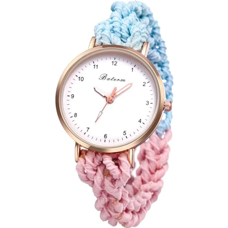 JewelryWe Damenuhr mit Blau Pink Geflochtenem Haarband, Analog Quarz Armbanduhr mit Elastischem Wickelarmband für Frauen und Mädchen – Bild 1