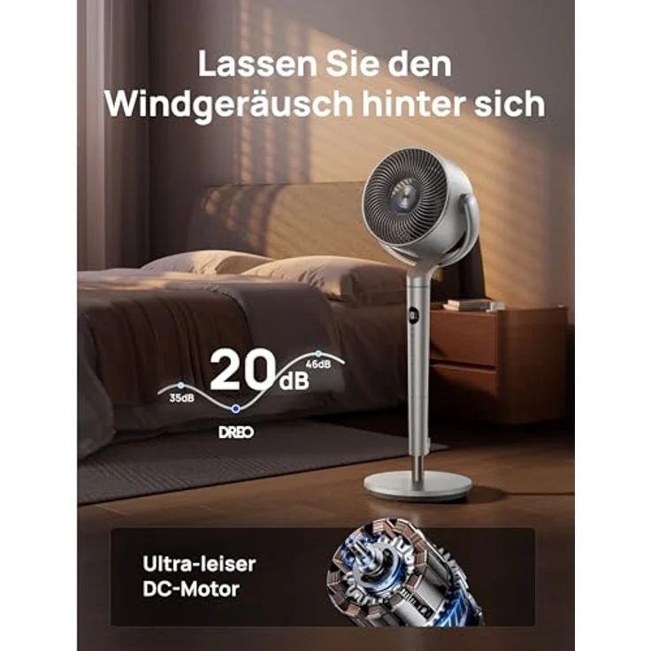 Dreo Smart Standventilator mit RGB Light, 120° +120° Oszillierend, 9 Geschwindigkeiten, 20dB Leiser Motor, Fernbedienung, 8H Timer, Silber – Bild 5