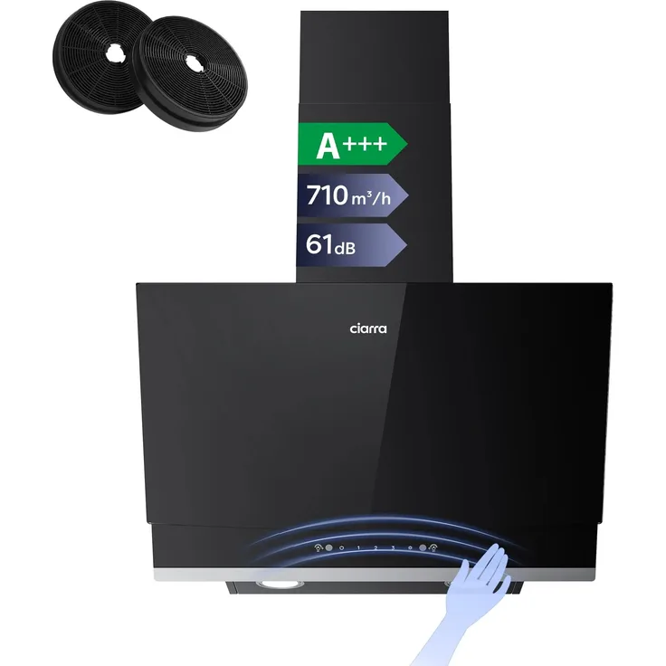 CIARRA CBCB6736A Kopffreihaube 60 cm, A+++ Dunstabzugshaube mit 710 m³/h, Gestensteuerung & Touch Control, LED-Beleuchtung, Umluft & Abluft