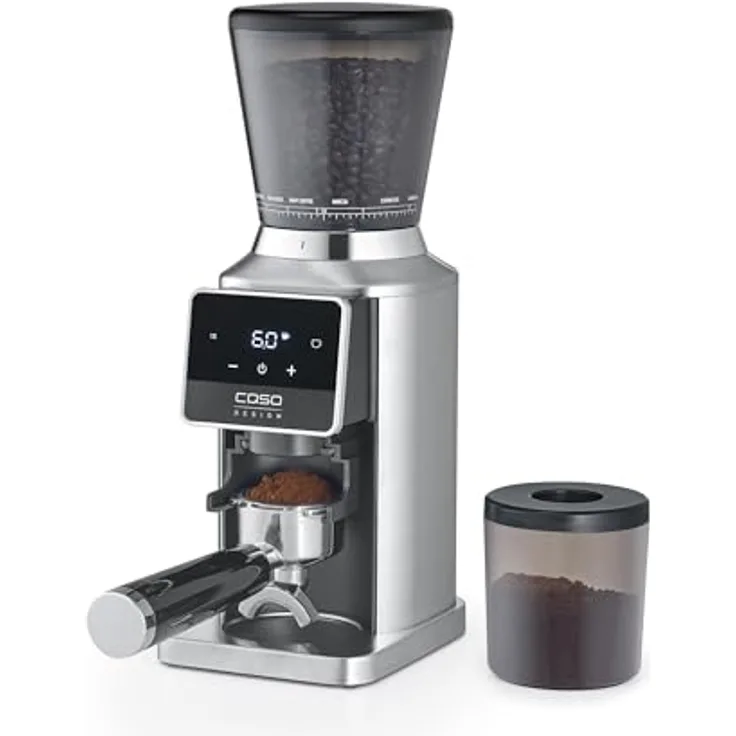 Caso BaristaChef Inox Pro, elektrische Kaffeemühle mit Zero Retention Technologie, Edelstahlgehäuse, 34 Mahlgradstufen und Siebträgerhalterungen 51 & 58 mm