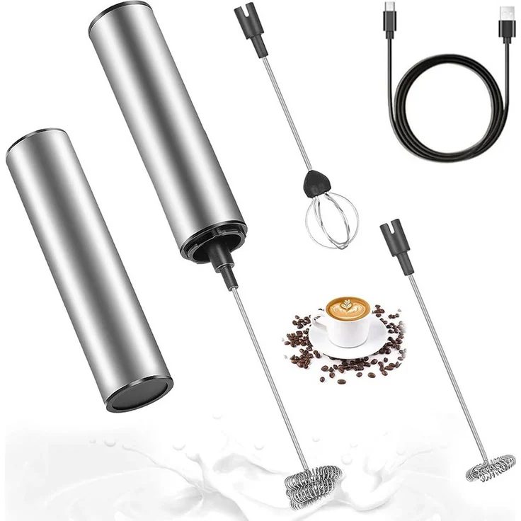 TUWENA Elektrischer Milchaufschäumer, Edelstahl Handmixer mit 3 Aufsätzen, USB-Lademöglichkeit für Kaffee, Cappuccino, Latte und Cocktails, Silber