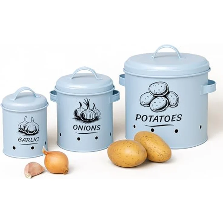 relaxdays Vorratsdose Kartoffel Aufbewahrungsbox 3er Set, Stahl, Hellblau, mit Belüftungslöchern für optimale Lagerung von Kartoffeln, Zwiebeln und Knoblauch – Bild 1