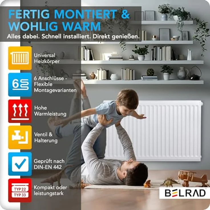 Belrad Universalheizkörper T33, Kompakt Ventilheizkörper 6 Anschlüsse, 400x800 mm, 1369 W, Reinweiß – Bild 7