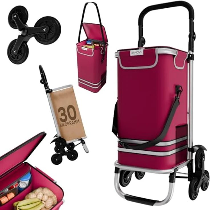 24MOVE® Einkaufstrolley Alegre, klappbar mit 55L Kühlfach, faltbarer 3in1 Trolley - Sackkarre und Tasche, bis 30kg belastbar, rot – Bild 1