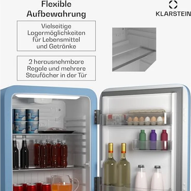 Klarstein Audrey Evo 68L Retro Mini Kühlschrank, 40 dB leise, kompakt mit verstellbaren Füßen und Wendetür, blau, ideal für Schlafzimmer und Büros – Bild 5