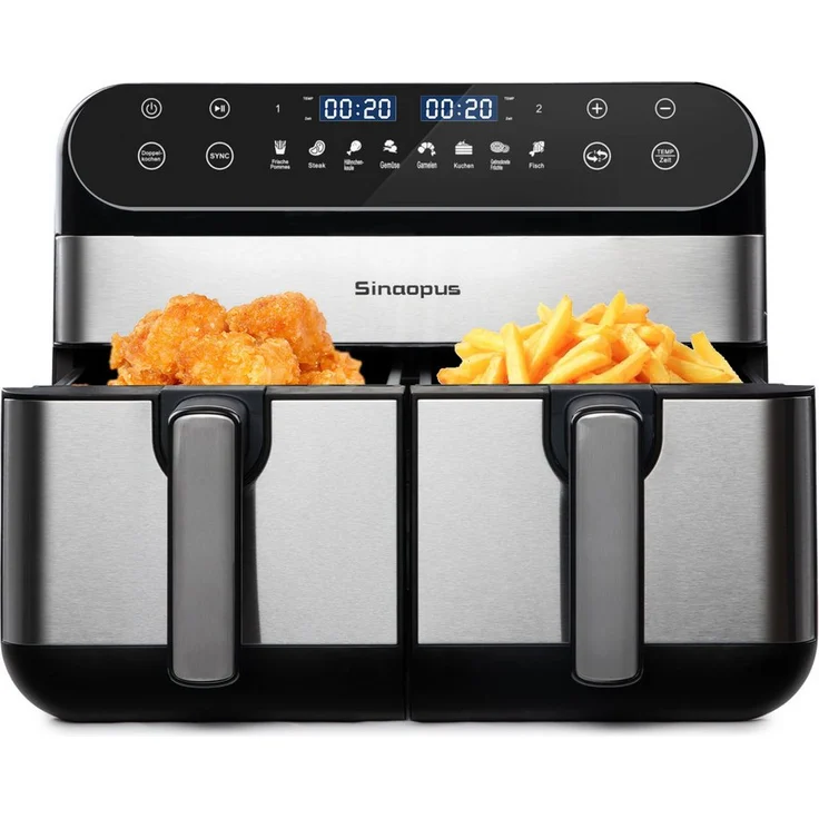 TAB Heißluftfritteuse 10L XXL, 2400W Dual-Zone Airfryer mit LED-Touchscreen, 8 Programmen, synchronisiertem Garen und einstellbarer Zeit & Temperatur
