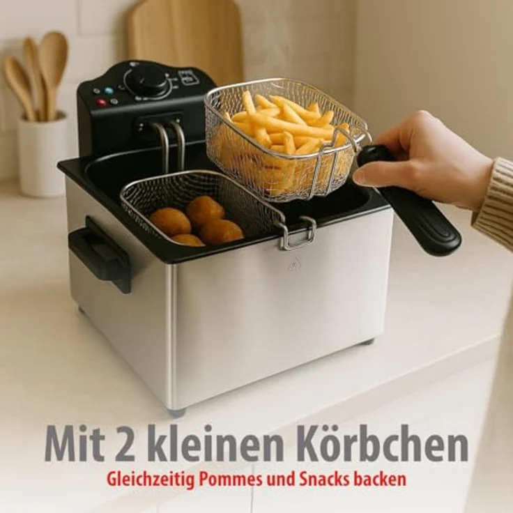Fritteuse ALPINA, mit Fett, 2000 Watt, 5 Liter Fassungsvermögen, Edelstahl, silber, mit 3 Frittierkörben – Bild 7