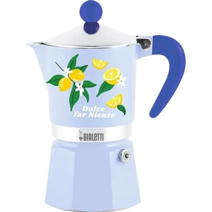 Bialetti Moka Rainbow Dolce Far Niente, 3-Tassen-Kaffeemaschine aus Aluminium mit Zitronenmuster, manuelle Espresso-Zubereitung, blau, 130 ml