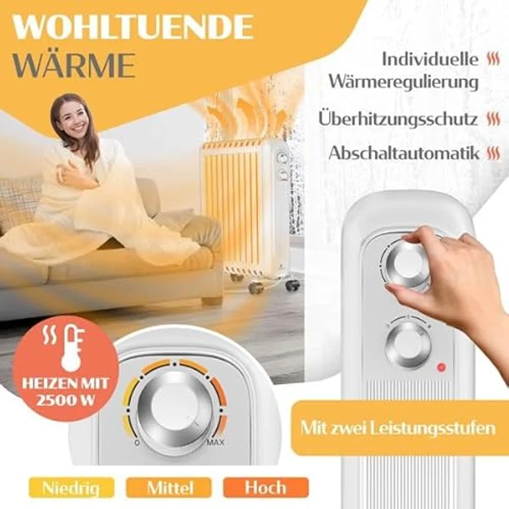 KESSER® Ölradiator 2500W, energiesparend mit Thermostat und 3 Heizstufen, ölgefüllt, Schutzgehäuse, 360° Rollen, elektrisch, Weiß – Bild 3