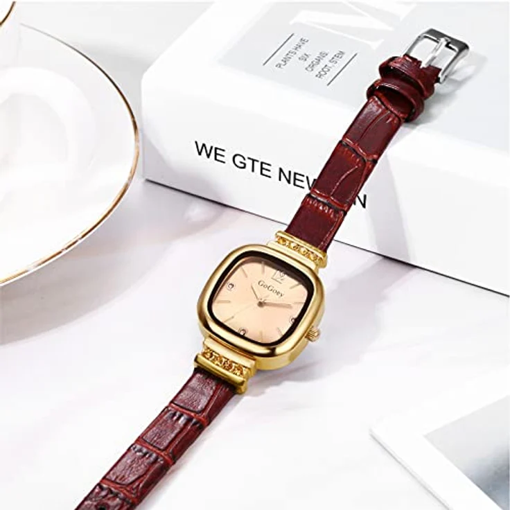 JewelryWe Damen Analog Quarz Uhr, quadratisch mit Strass, hochwertigem braunem Lederarmband, wasserdicht – Bild 3