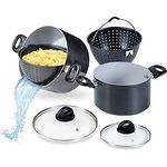 Genius Cerafit Magic Pot Kochtopf-Set 6tlg. 20cm + 24cm - Topf 3,7l + 6,3l mit Siebeinsatz & Glasdeckel für einfaches Kochen, Abgießen & Servieren | Nudeltopf für alle Herdarten