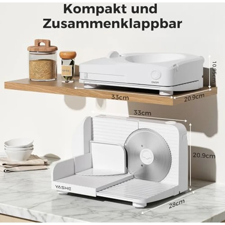 YASHE Faltbarer Elektrischer Allesschneider, 180W Brotschneidemaschine mit 17 cm Edelstahlklinge, einstellbare Dicke 0–15 mm, kompakt und weiß, ideal für Fleisch, Käse, Brot und Gemüse – Bild 4