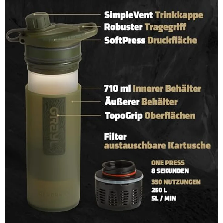 Grayl GeoPress™ Wasserfilter Trinkflasche, 710ml, schnelles Filtern in 8 Sekunden, verschiedene Farben erhältlich – Bild 4