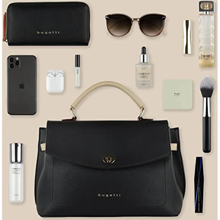 bugatti Umhängetasche ELLA, elegante Handtasche mit kontrastfarbenen Raffungen, goldener Drehverschluss und verstärktem Boden, schwarz – Bild 5