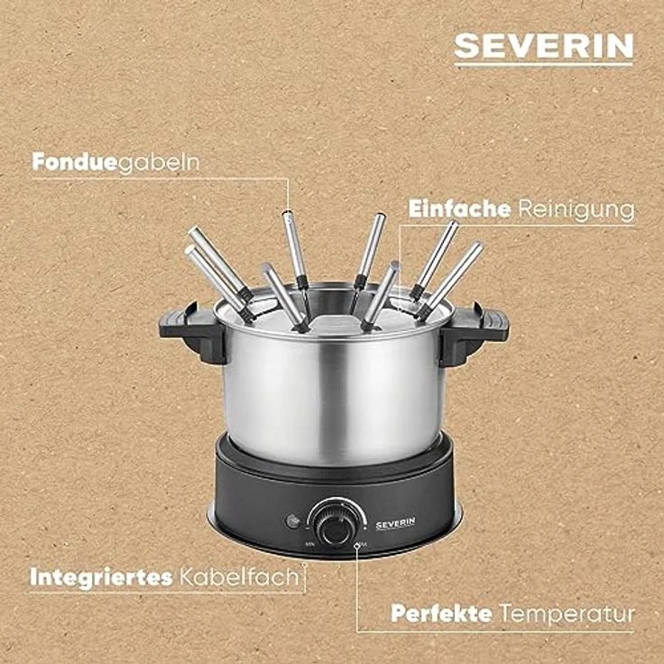 Severin FO 2470 Fondue, 1500W, 8 Fonduegabeln, regelbarer Thermostat – Bild 4