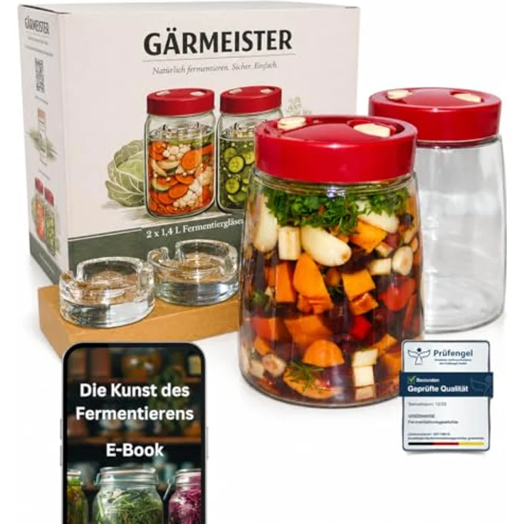 GREEN WISE GÄRMEISTER Fermentierglas Set 2er, 1,4 L mit Gärventil & Deckel, inkl. 2 Fermentiergewichte und 7-teiliger Videokurs für Gemüse, Sauerkraut & Kimchi – Bild 1