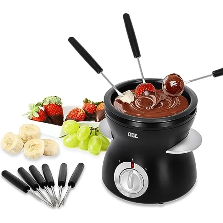 ADE elektrisches Schokofondue 250ml mit 6 Spießen | 2 Temperaturstufen zum Schmelzen und Warmhalten | Temperiergerät für Schokolade und Kuvertüre | herausnehmbare teflonbeschichtete Schüssel – Bild 1
