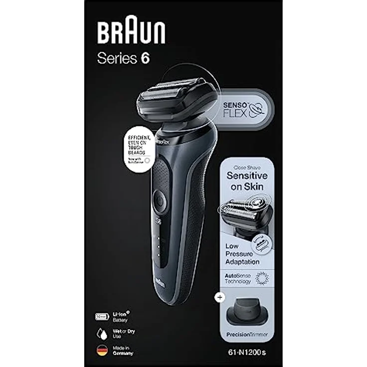 Braun Series 6 Rasierer Herren mit EasyClick Aufsatz, Elektrorasierer & Präzisionstrimmer, SensoFlex, Wet & Dry, wiederaufladbar & kabellos, Geschenk Mann, 61-N1200s, grau – Bild 4