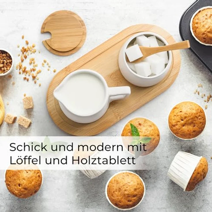 MIAMIO Milch und Zucker Set, Keramik Milchkännchen mit Holzdeckel und Löffel, mikrowellen- und spülmaschinenfest, Weiß – Bild 2