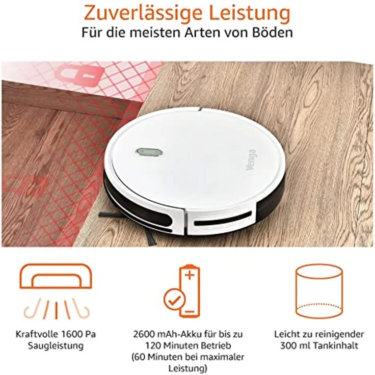 Venga! Saugroboter mit Mop, einfach zu bedienen, 6 Reinigungsmodi, leiser Betrieb, weiß, VG RVC 3000 BS, Device - White – Bild 2
