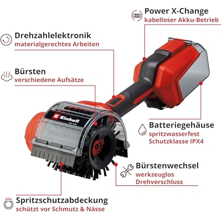 Einhell Akku-Oberflächenbürste PICOBELLA 18/90 Power X-Change (18 V, kabellose Reinigungsbürste, Spritzwasserschutz, inkl. 2x Bürste, 3x Reinigungspad, Wandhalterung, ohne Akku) – Bild 3