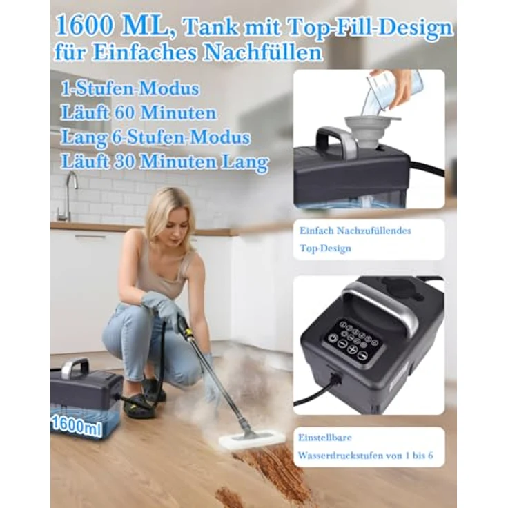 Mecmic Dampfreiniger Handgerät, 2500W, 120 °C Dampf, 1,6L Wassertank, 6-stufig einstellbar, 10 Zubehörteile, tragbar, für Boden, Polstermöbel, Fenster, Auto – Bild 5