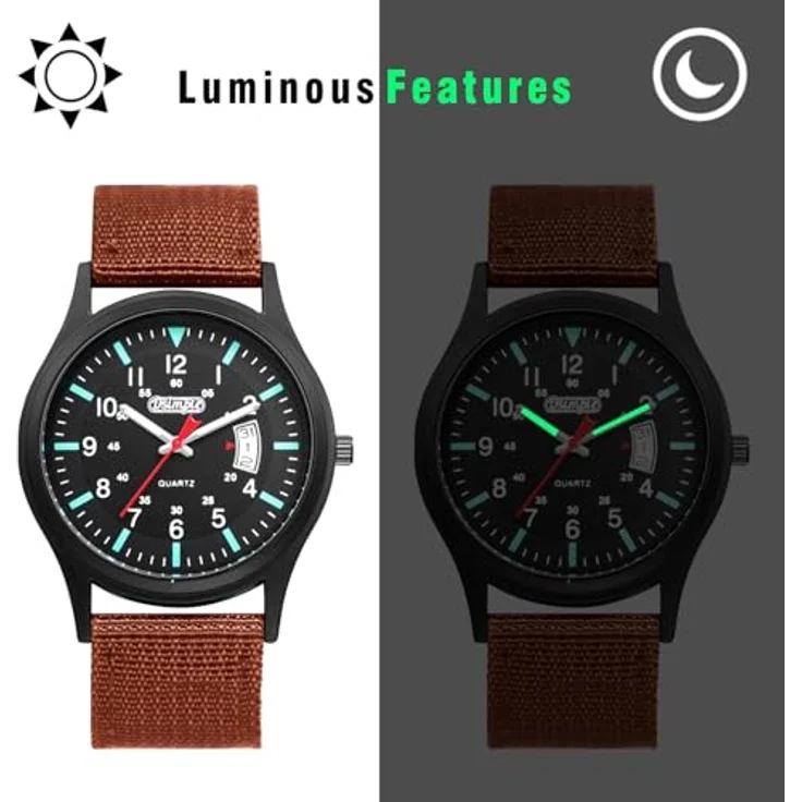 JewelryWe Militär Herrenuhr, Leuchtende Kalender Analog Quarz Armbanduhr mit Braunem Nylonarmband, Spritzwassergeschützt, 12/24-Stunden Zifferblatt, Schwarz – Bild 5