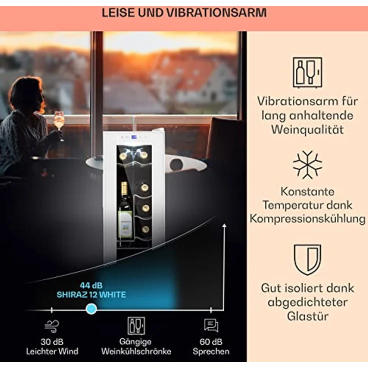 Klarstein Shiraz 12 Slim Uno Weinkühlschrank, freistehend, weiß, 12 Flaschen, Touch, 5 - 18 °C, LED, Energieklasse G – Bild 4