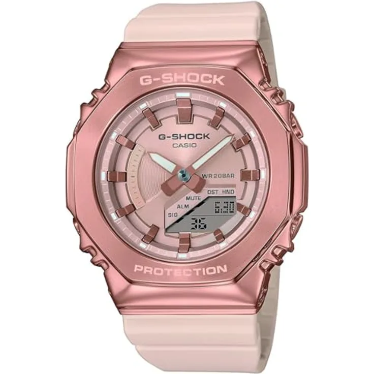 Casio G-Shock Classic Damenuhr Puder/Roségoldfarben GM-S2100PG-4AER, Rosa Kunststoffarmband, Im Dunkeln leuchtend