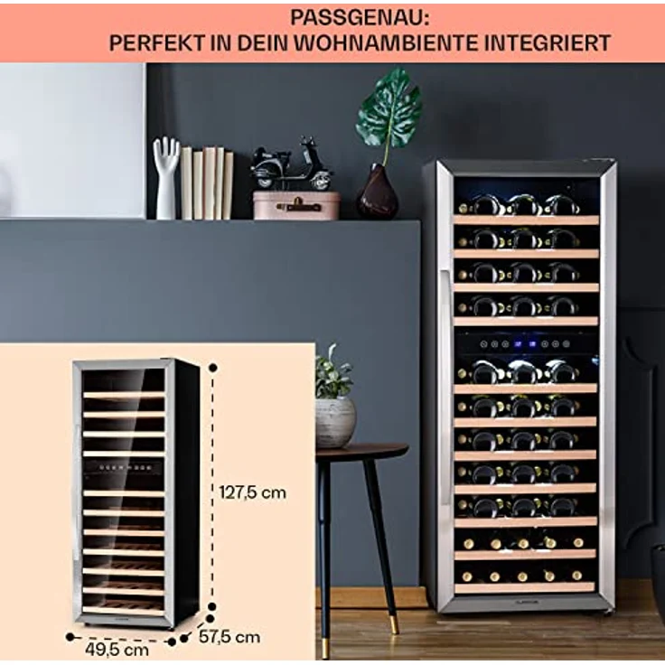 Klarstein Vinamour 73 Duo Weinkühlschrank, freistehend, silber, 73 Flaschen, 2 Temperaturzonen, 5-18°C, Touch, Energieklasse G – Bild 7