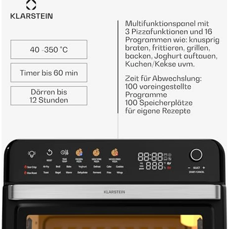 Klarstein AirGlaze Digital Heißluftfritteuse – 34 L, 2200 W, 19 Programme, Rotisserie, Touch Display, Pizzastein & Grillroste, Doppelt Verglaste Tür, Schwarz – Bild 5