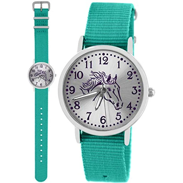 Pacific Time Mädchen Uhr Pferde, analoge Quarz-Armbanduhr mit türkisem Textil-Wechselarmband, leuchtende Zeiger, 3,2 cm Gehäusedurchmesser – Bild 2
