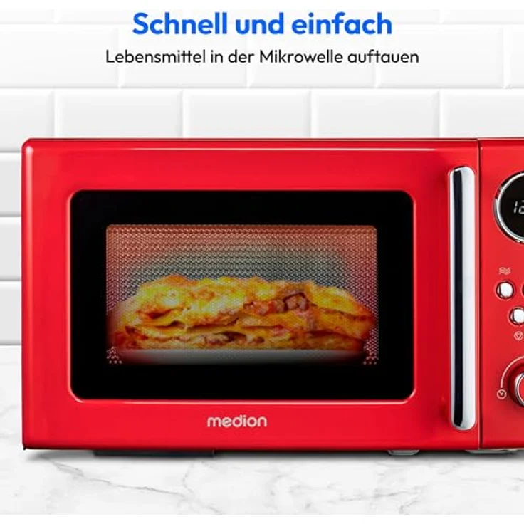 MEDION Retro Mikrowelle (20 Liter, ca. 800 Watt, 5 Mikrowellenstufen, 8 Automatikprogramme, Digitale Anzeige, Auftaufunktion, kompakt, MD15000) rot - Preisvergleich – Bild 3