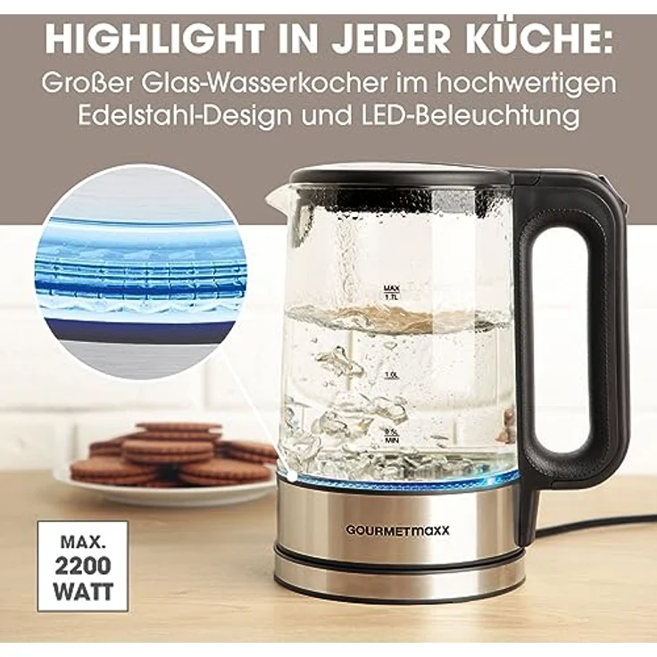 GOURMETmaxx Glas-Wasserkocher in zeitlosem Edelstahl-Design mit blauer LED-Beleuchtung | Praktische Wasserstandsanzeige, Antikalkfilter, 1,7 Liter Fassungsvermögen – Bild 2