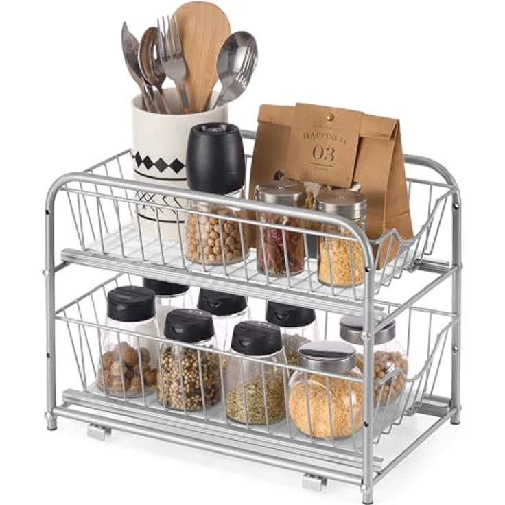 SONGMICS Küchen-Organizer KCS017E01V1, 2-stufiges Ordnungssystem mit Metallkörben, stapelbar und erweiterbar, taubengrau – Bild 3