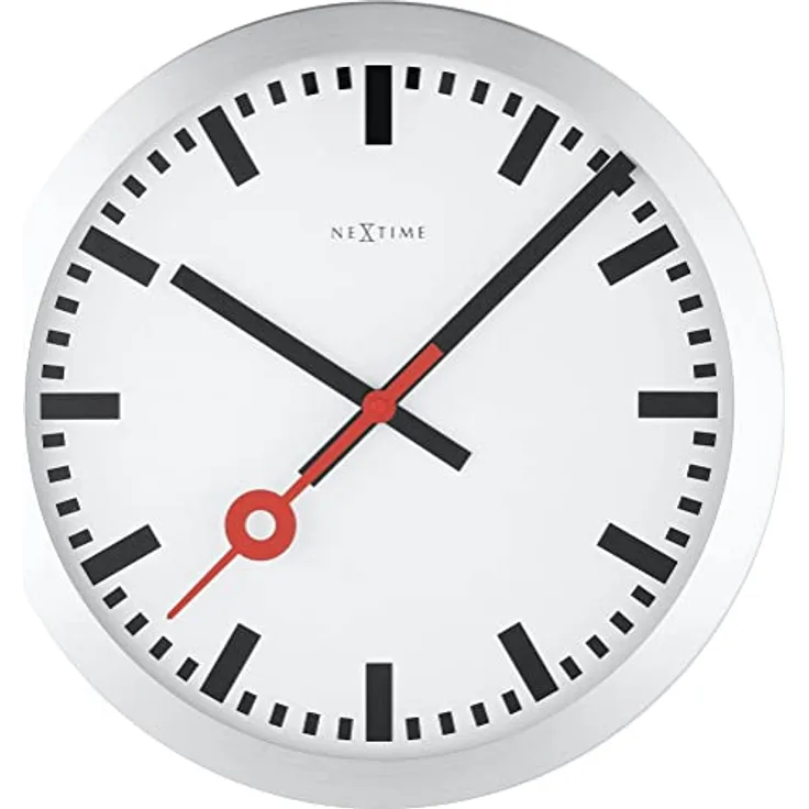 NeXtime 3999ST Wanduhr Bahnhofsuhr STATION, lautlos, rund, ø 35 cm, Glas/Aluminium, silber/weiß/schwarz/rot