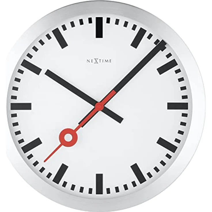 NeXtime 3999ST Wanduhr Bahnhofsuhr STATION, lautlos, rund, ø 35 cm, Glas/Aluminium, silber/weiß/schwarz/rot – Bild 1